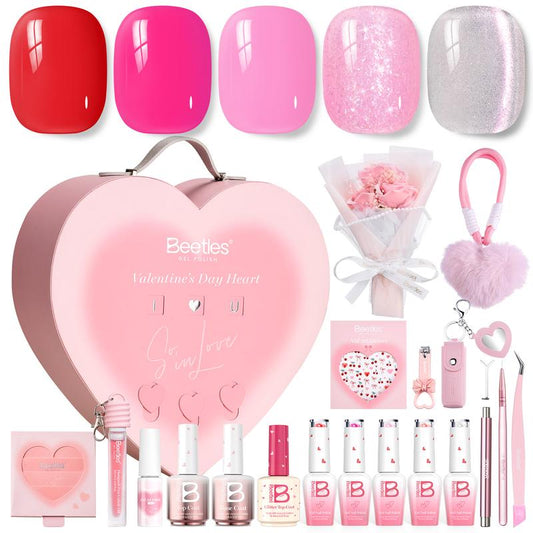 Beetles Gel Polish so in Love Collection - Glow in Love Valentine Gel Nail Polish Set, Pink Gel Nail Art Set with Base Top Coat Mini Rose Bouquet, Salon DIY at Home Valentine'S Day Gift for Women Wife Girlfriend