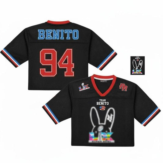 2 Sides Benito Inspired Crop Top Mesh Football Jersey – Puerto Rico Flag Game Day Streetwear Top, Festival & Concert Outfit, Unisex Gift