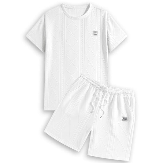Elevate Your Summer Wardrobe with Our Jacquard Textured 2-Piece Set: Stylish Round Neck T-Shirt and Comfortable Shorts with Drawstring Waistband - Perfect for Casual Daily Wear!